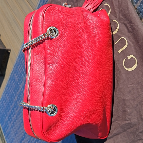 Gucci Soho Red Leather Bag GG Logo Gold Chain Tassel w/Everything - Picture 3 of 14